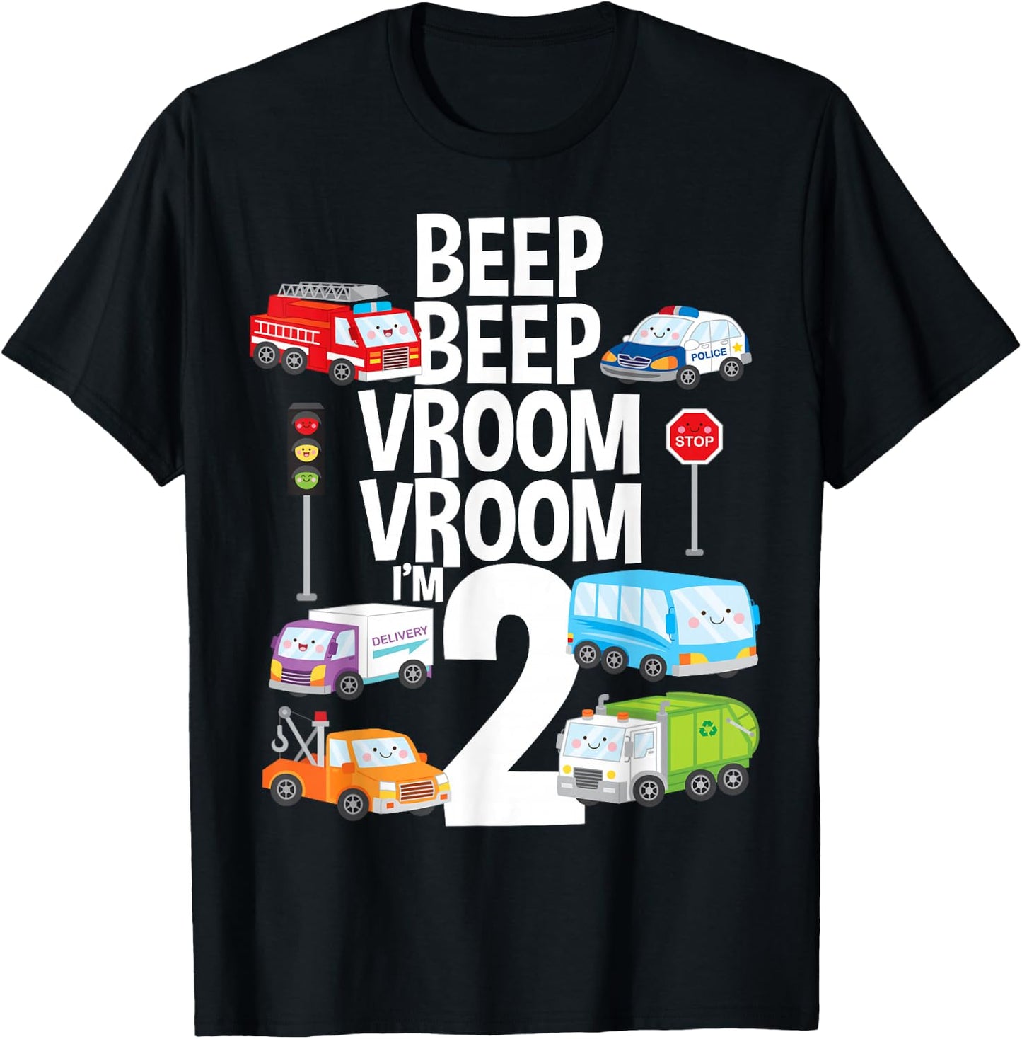 Beep Vroom I'm 2 Trucks Cars Theme Birthday Gift 2 Yrs Old T-Shirt - T-Shirt | Black
