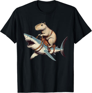 Vintage Rodent Capybara Funny Retro Capyabara Riding Shark T-Shirt - T-Shirt | Black