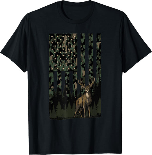 Camo Deer American Flag Graphic Hunting Gifts Men Dad Boys T-Shirt - T-Shirt | Black