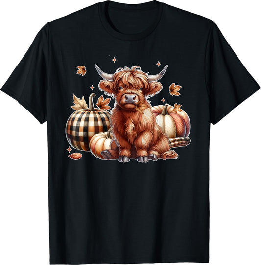 Howdy Fall Western Farm Country Highland Cow Autumn Pumpkin T-Shirt - T-Shirt | Black