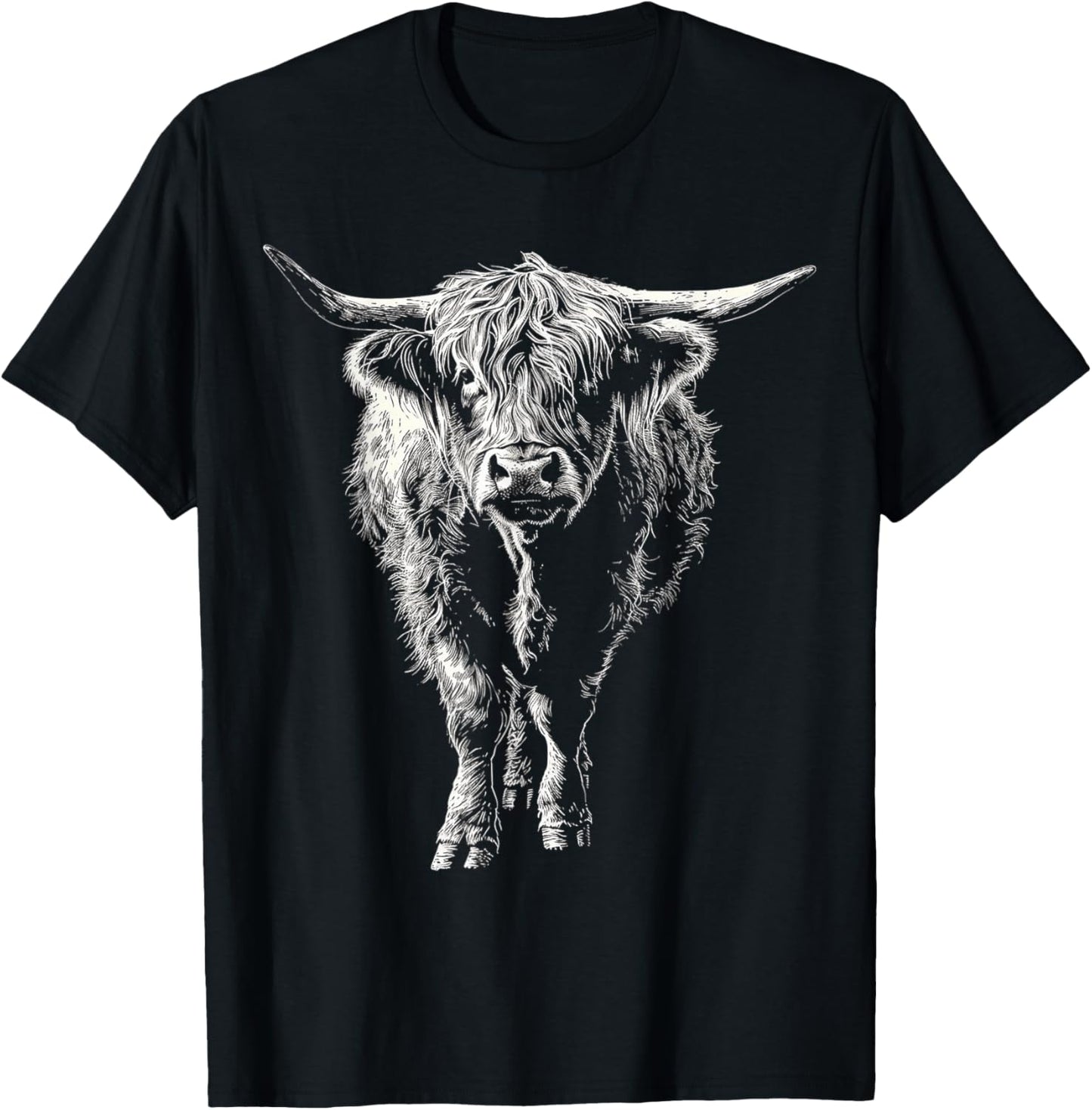 Highland Cow Drawing Art Farm Animal Graphic Highland Cow T-Shirt - T-Shirt | Black