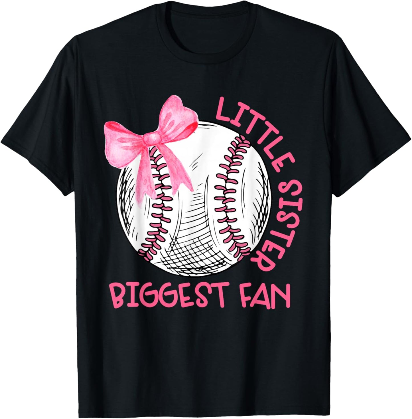Cute Bow Coquette Little Sister Biggest Fan Baseball Girls T-Shirt - T-Shirt | Black