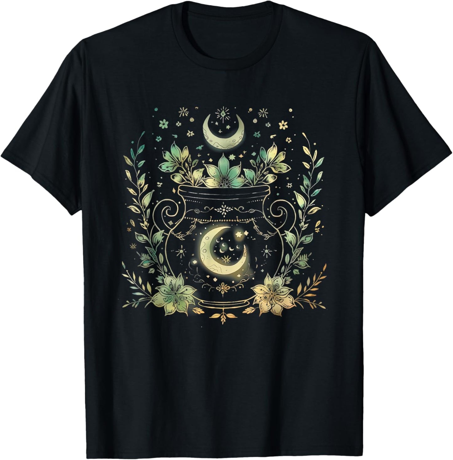 Vintage Witchy Wicca Witch Cauldron Crescent Moon Witchcraft T-Shirt - T-Shirt | Black