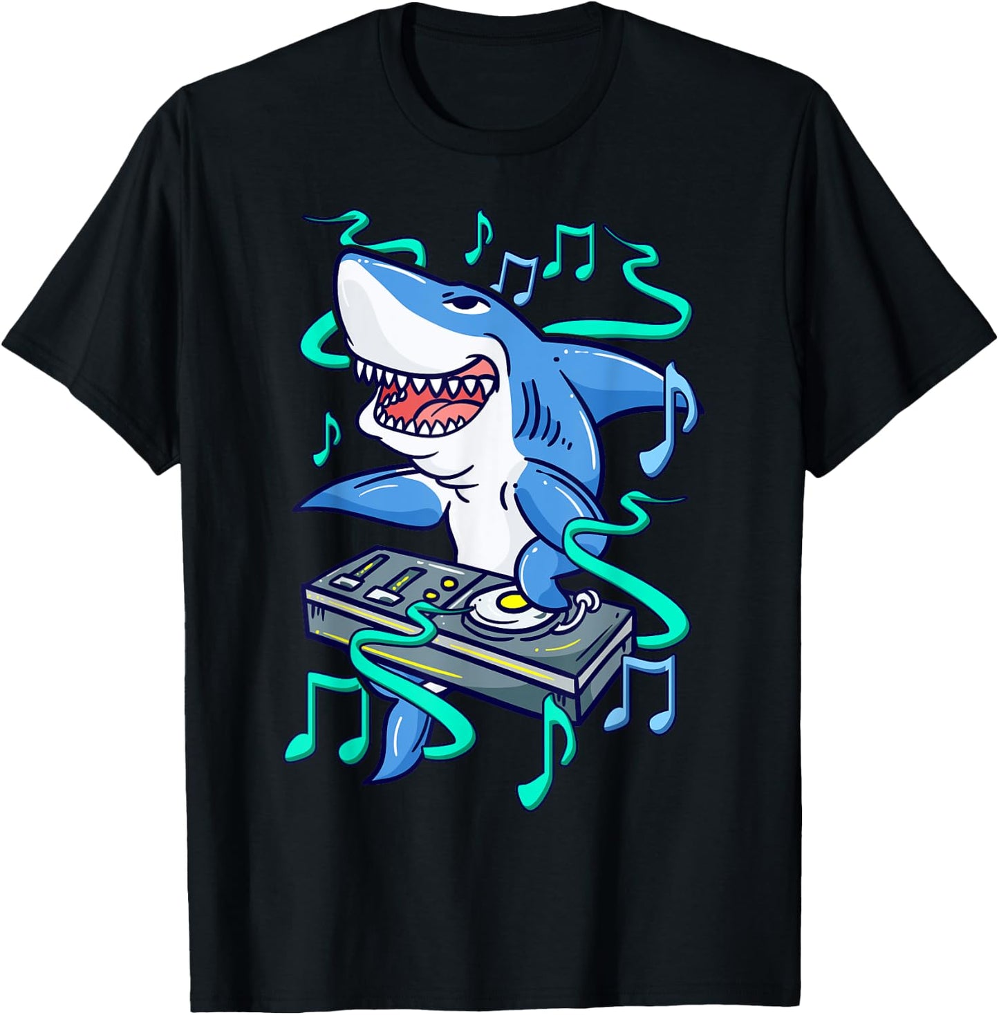 Shark DJ Mixing on Turntables - Funny Music Mixer T-Shirt - T-Shirt | Black