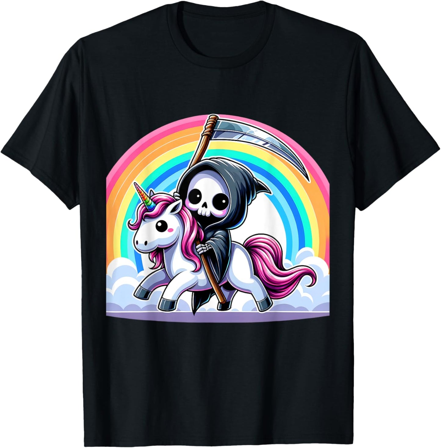Grim Reaper Riding Unicorn Funny Rainbow Heavy Metal T-Shirt - T-Shirt | Black