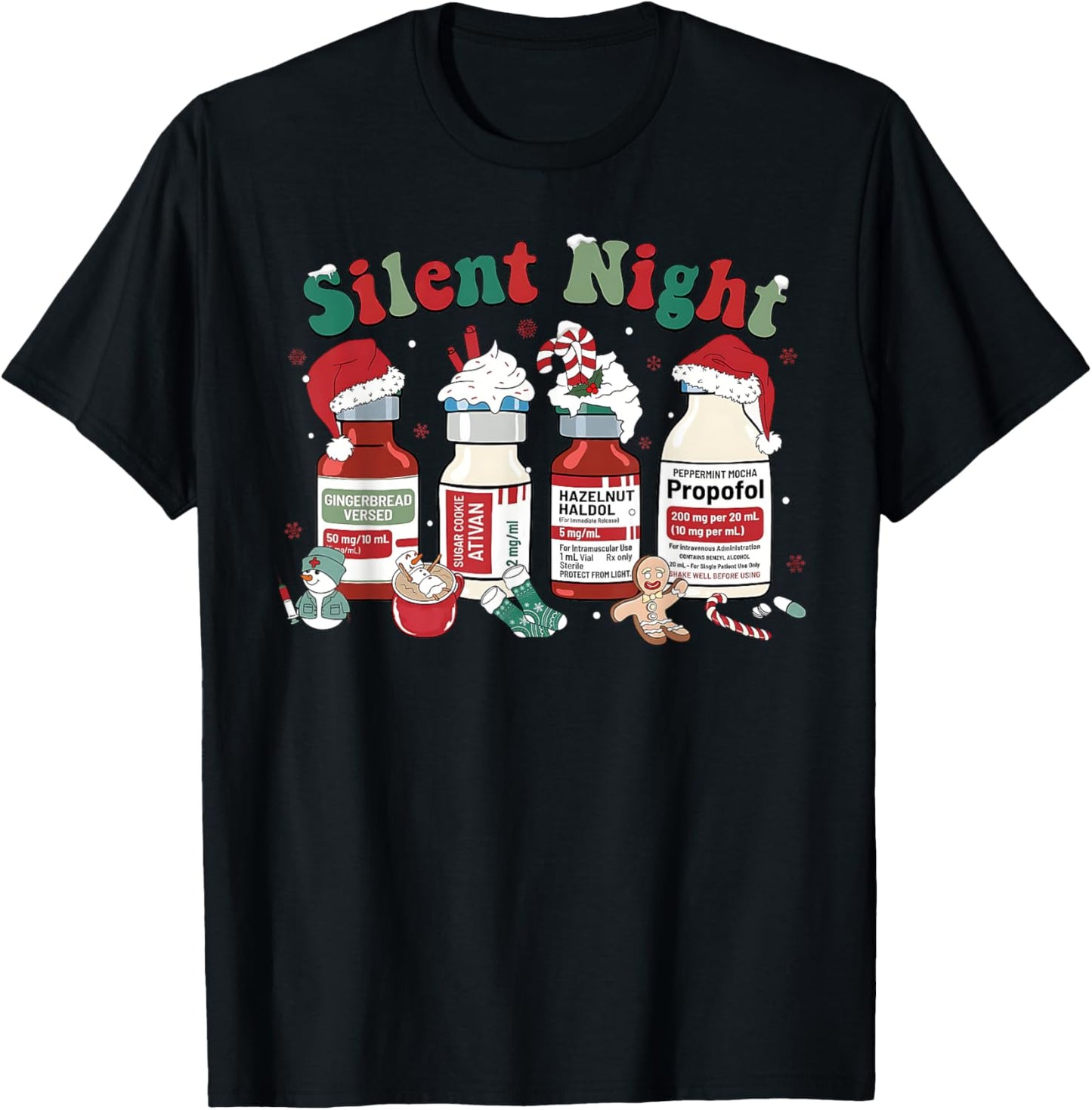 Retro Propofol Silent Night ICU Nurses Funny Merry Christmas T-Shirt - T-Shirt | Black