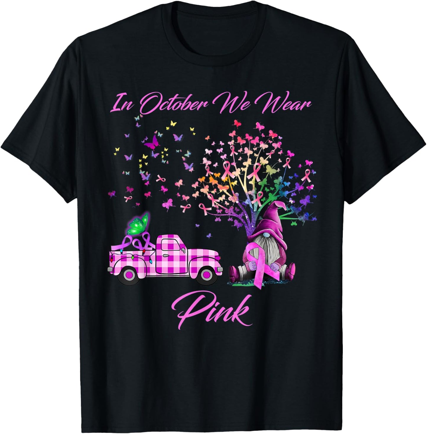 In October We Wear Pink Gnome Tree Breast Cancer Awareness T-Shirt - T-Shirt | Black