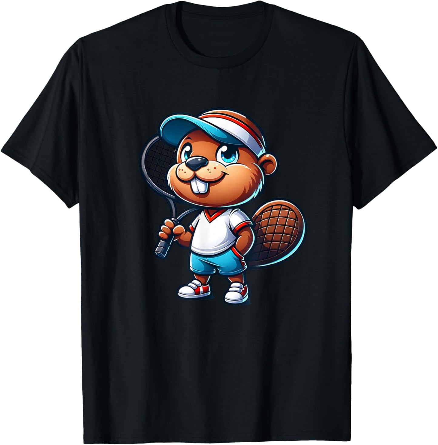 Funny Beaver Tennis Player Rodent Ball Court Sport T-Shirt - T-Shirt | Black