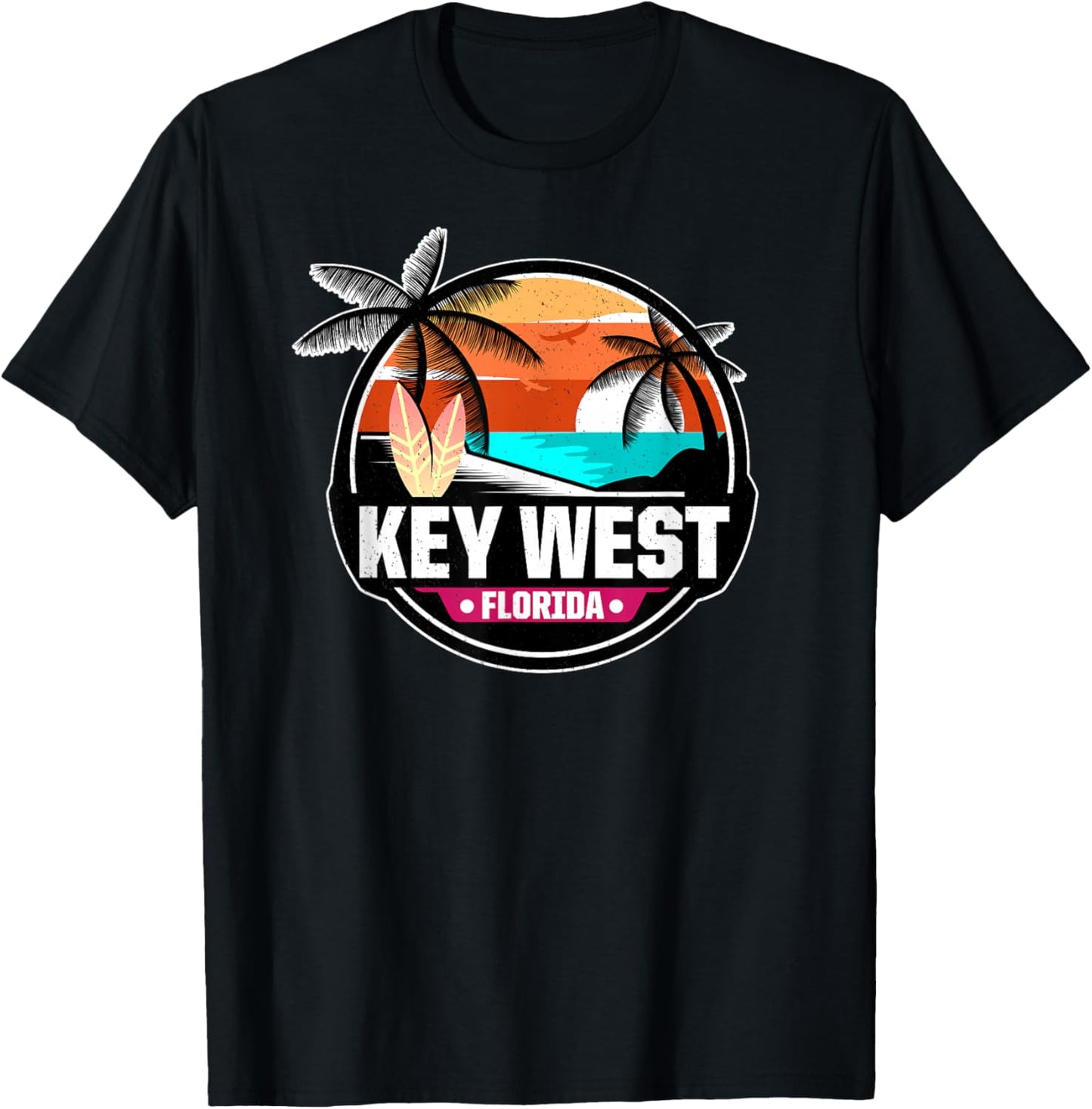 Key West Florida Beach Palm Trees Summer Vacation Surfing T-Shirt - T-Shirt | Black