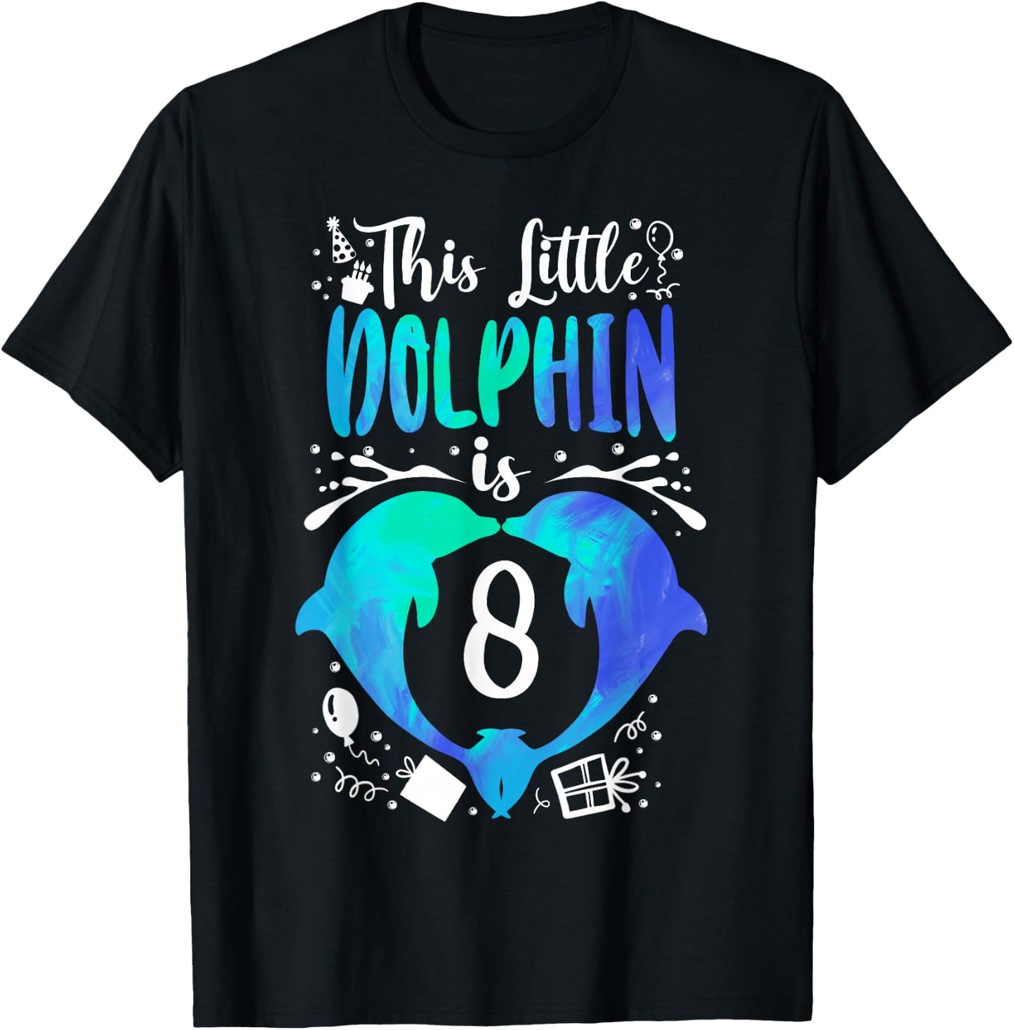Dolphin 8th Birthday This Little Dolphin Is 8 T-Shirt - T-Shirt | Black