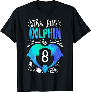 Dolphin 8th Birthday This Little Dolphin Is 8 T-Shirt - T-Shirt | Black