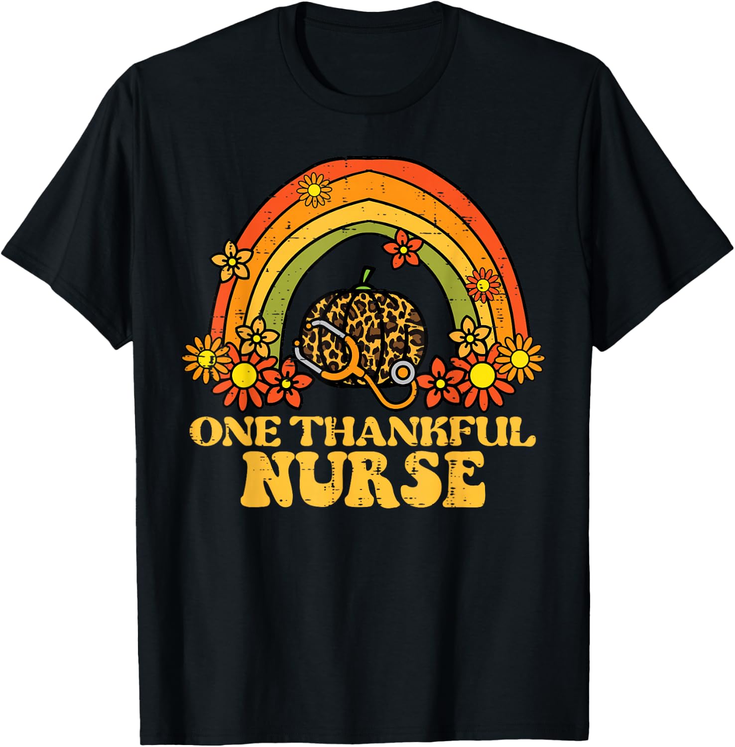 Fall Rainbow Thankful Nurse Thanksgiving Scrub Top Women T-Shirt - T-Shirt | Black