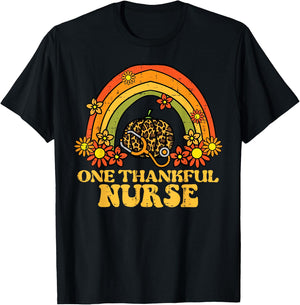 Fall Rainbow Thankful Nurse Thanksgiving Scrub Top Women T-Shirt - T-Shirt | Black