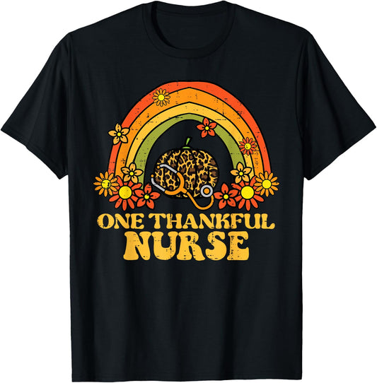 Fall Rainbow Thankful Nurse Thanksgiving Scrub Top Women T-Shirt - T-Shirt | Black