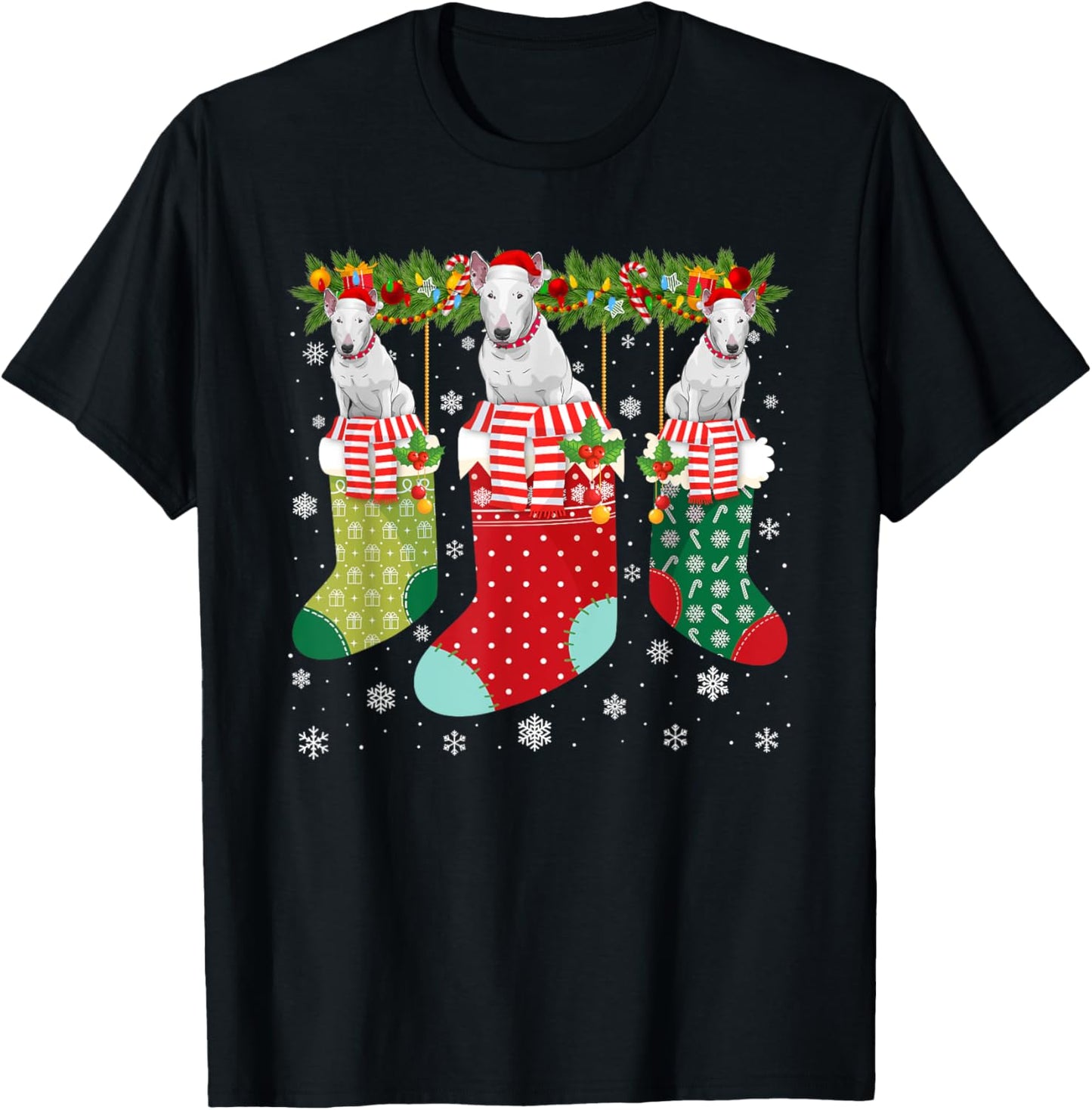 Three Bull Terrier Dog in Socks Ugly Christmas Sweater Party Men Women Kids T-Shirt - T-Shirt | Black