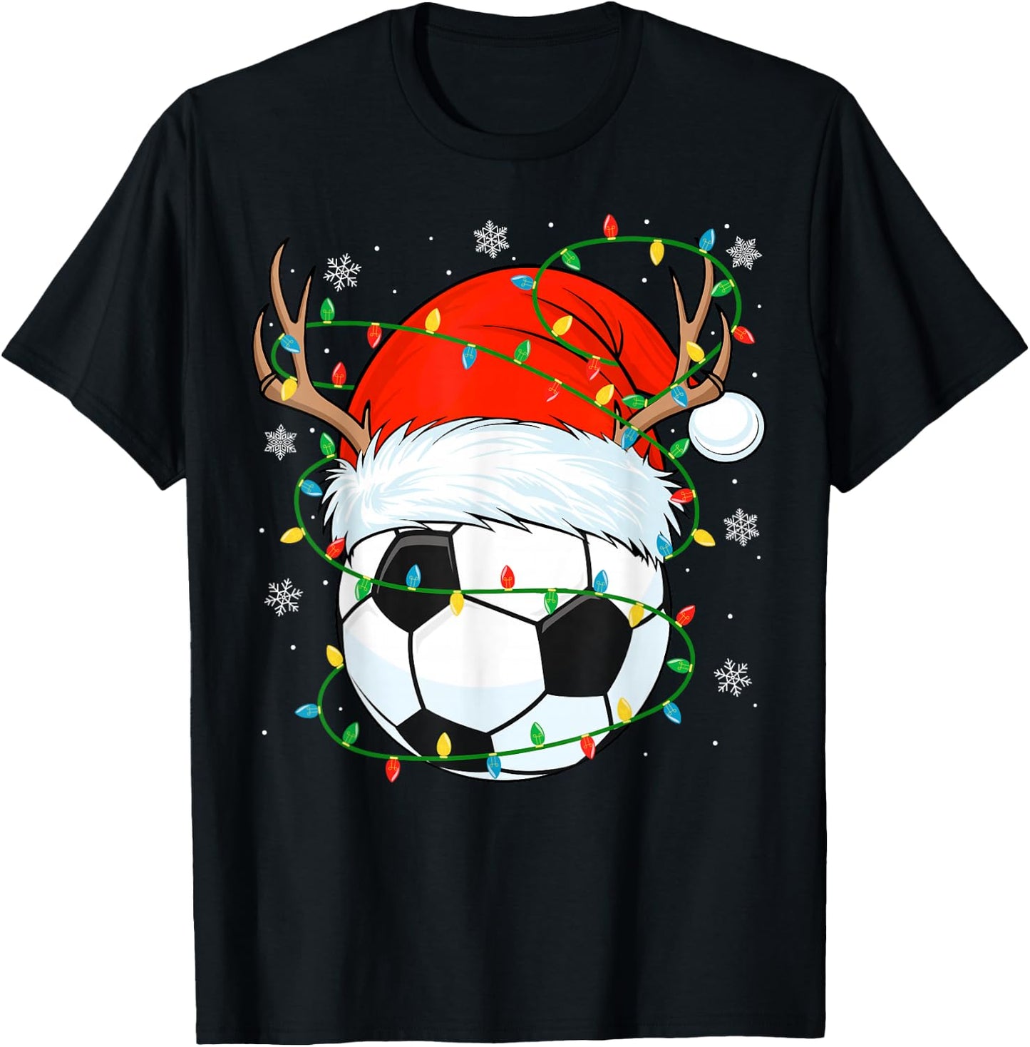 Santa Soccer Ball Xmas Lights Christmas Soccer Player T-Shirt - T-Shirt | Black