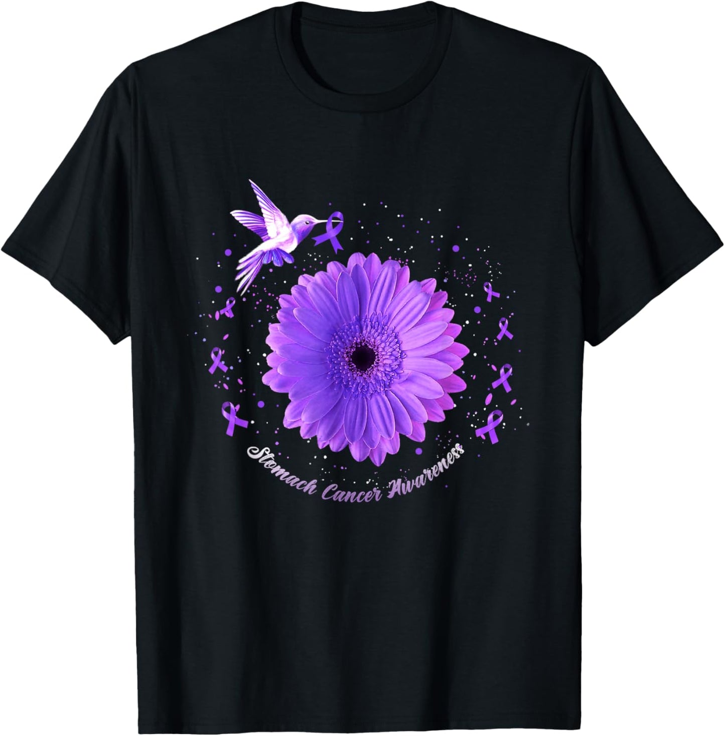 Hummingbird Periwinkle Sunflower Stomach Cancer Awareness T-Shirt - T-Shirt | Black