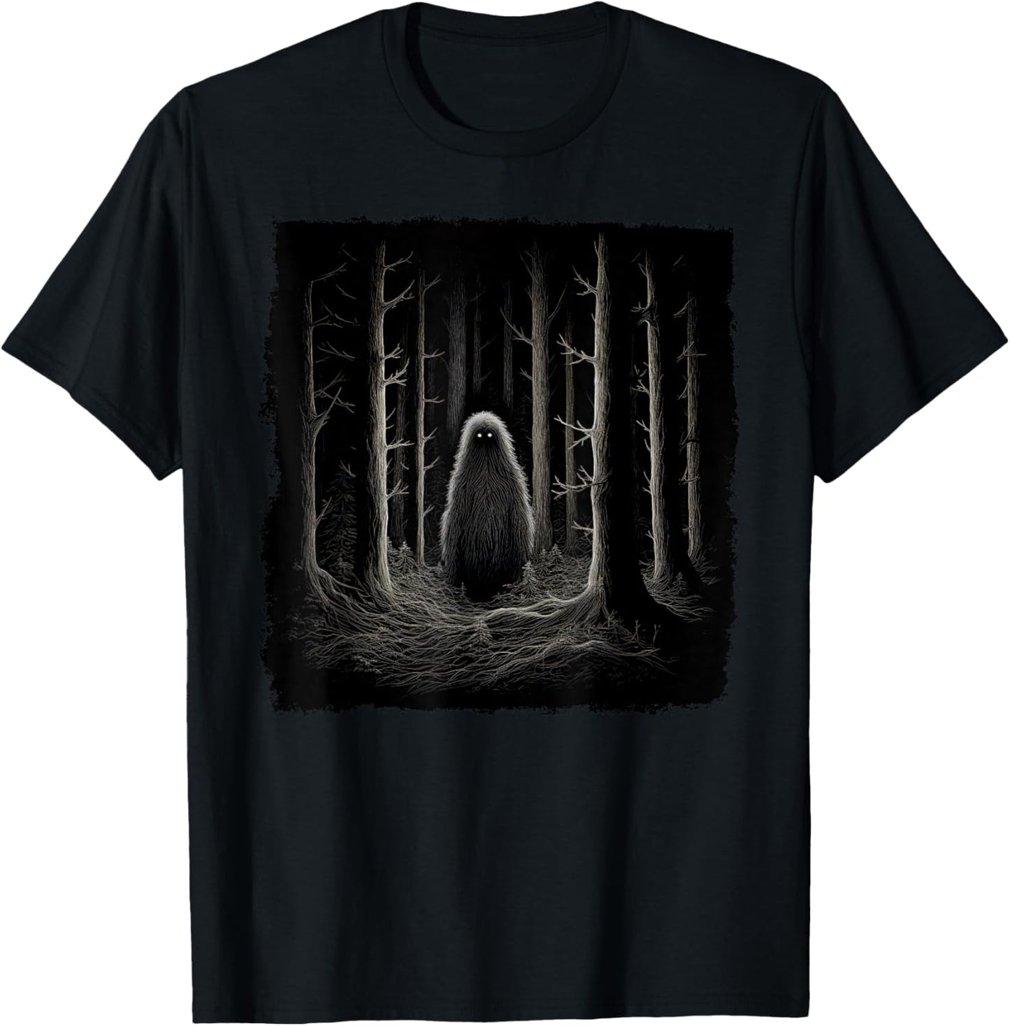 Sasquatch in the Forest with Glowing Eyes – Funny Bigfoot T-Shirt - T-Shirt | Black
