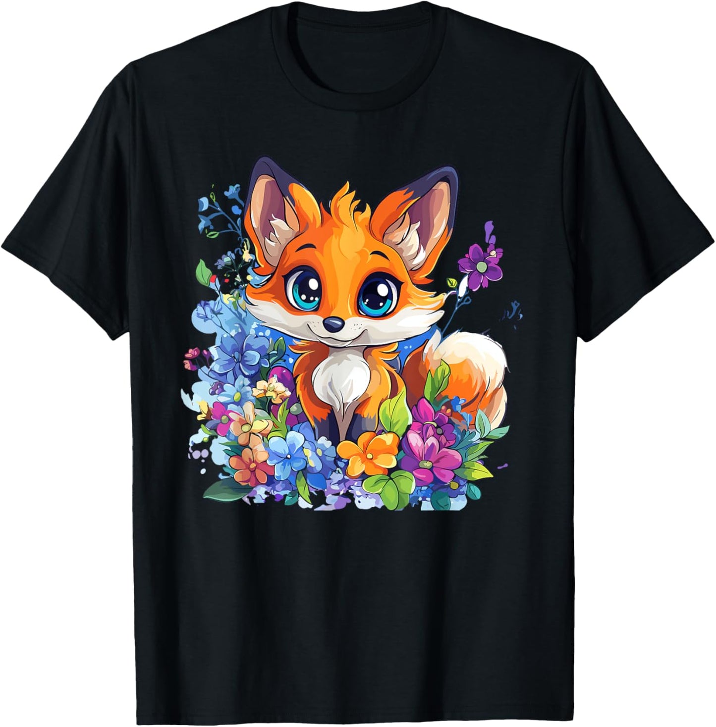 Cute Fox Surrounded by Flowers , Black, S T-Shirt - T-Shirt | Black