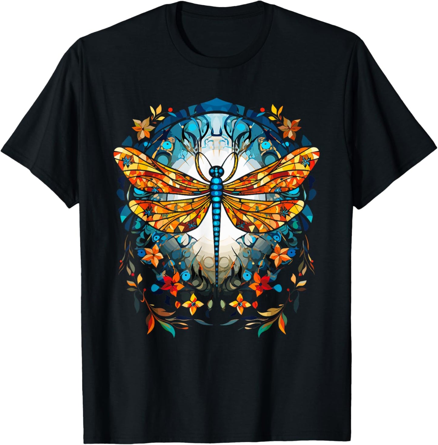 Magical Dragonfly Lover Stained Glass Graphic Design Art T-Shirt - T-Shirt | Black