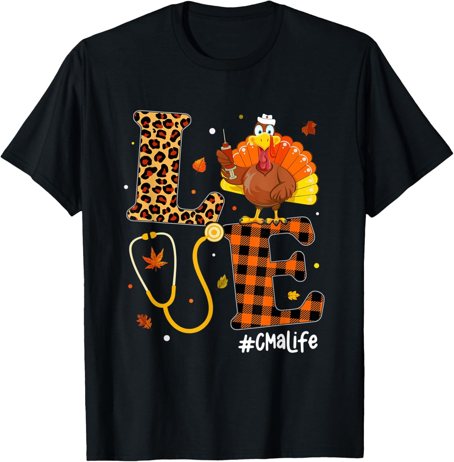 Love Nurse Life Fall CMA Nurse Leopard Plaid Thanksgiving T-Shirt - T-Shirt | Black