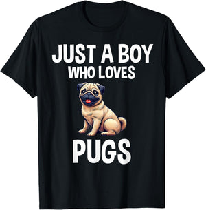 Just A Boy Who Loves Pugs Cute Dog Pug T-Shirt - T-Shirt | Black