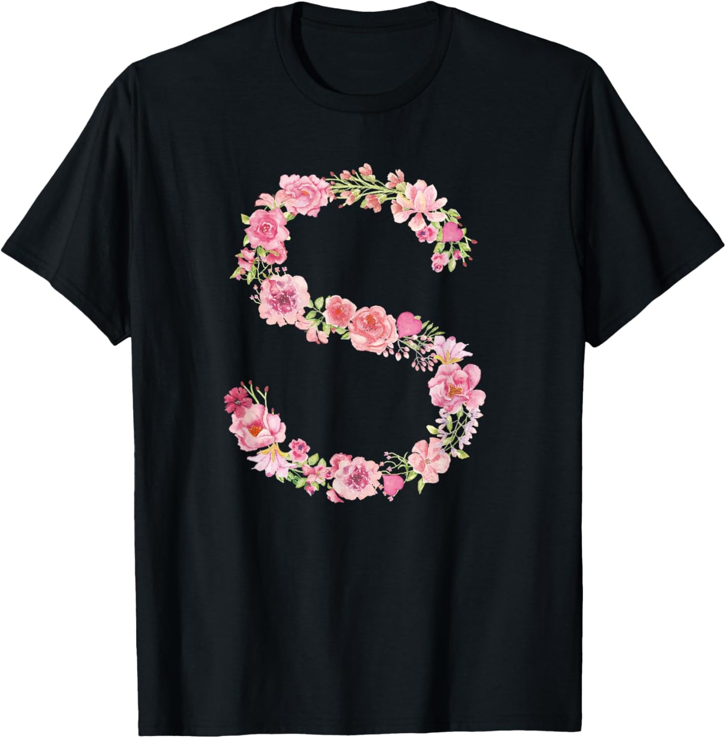 Cool Initial Alphabet Monogram Flowers Gifts Floral Letter S T-Shirt - T-Shirt | Black