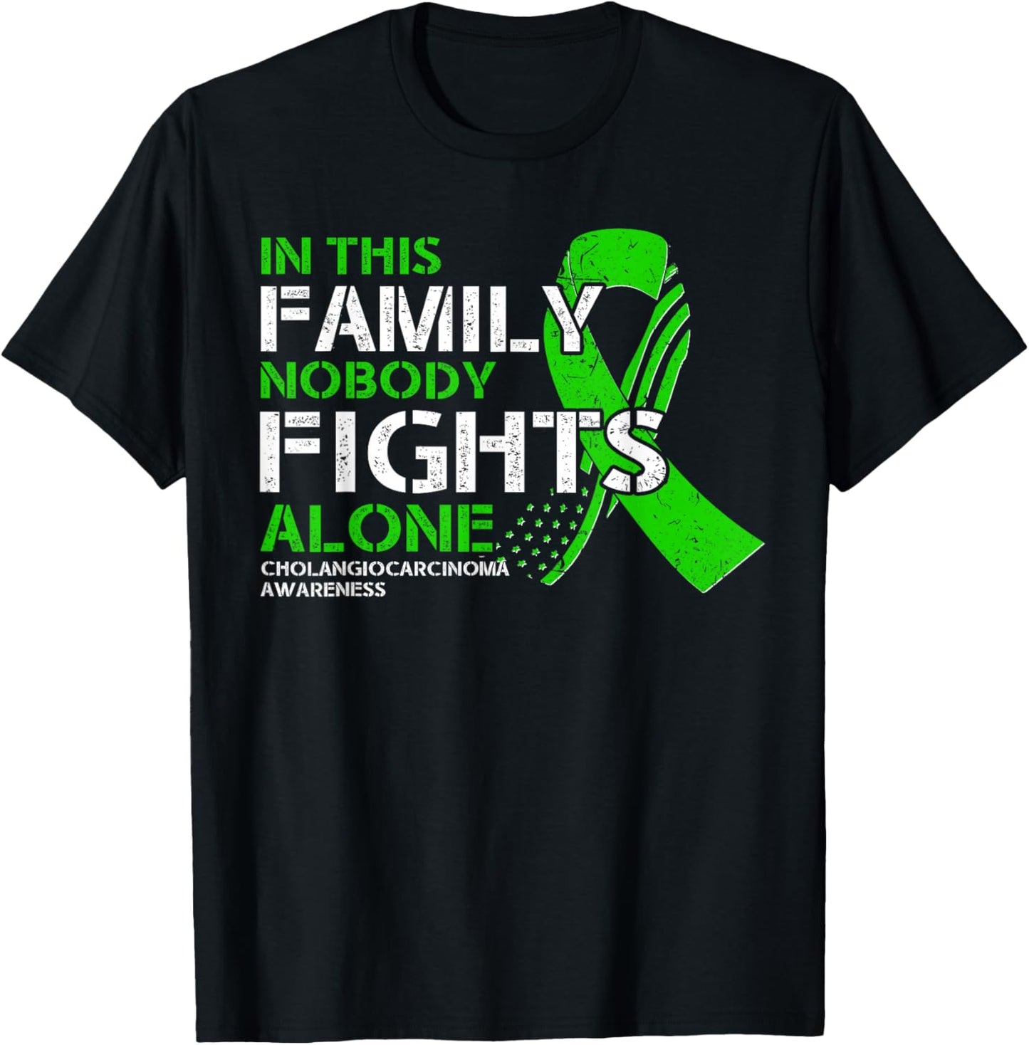 Cholangiocarcinoma Awareness - American Flag Green Ribbon T-Shirt - T-Shirt | Black