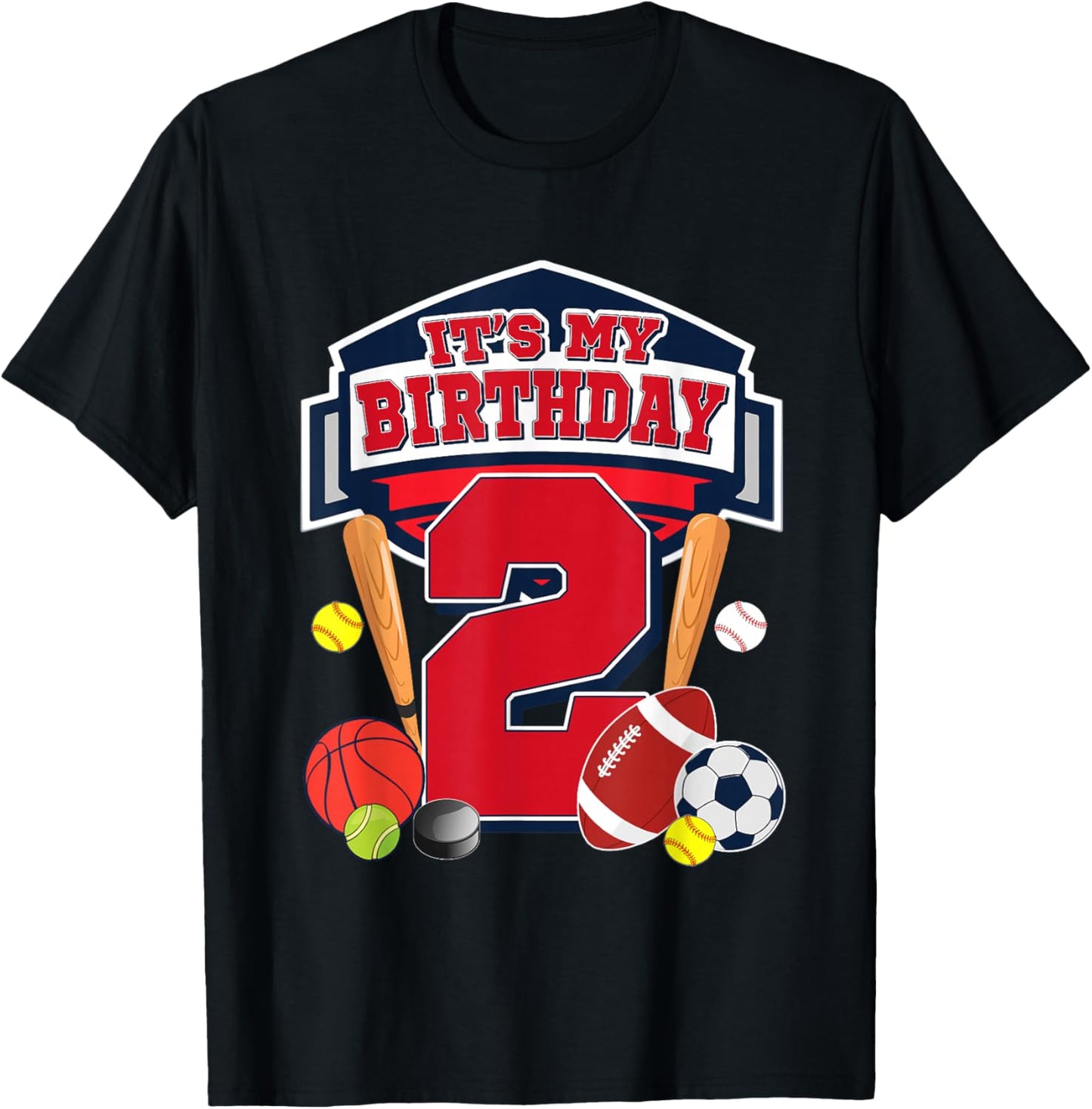 Sports Ball It's My 2nd Birthday Boy 2 Year Old Birthday T-Shirt - T-Shirt | Black