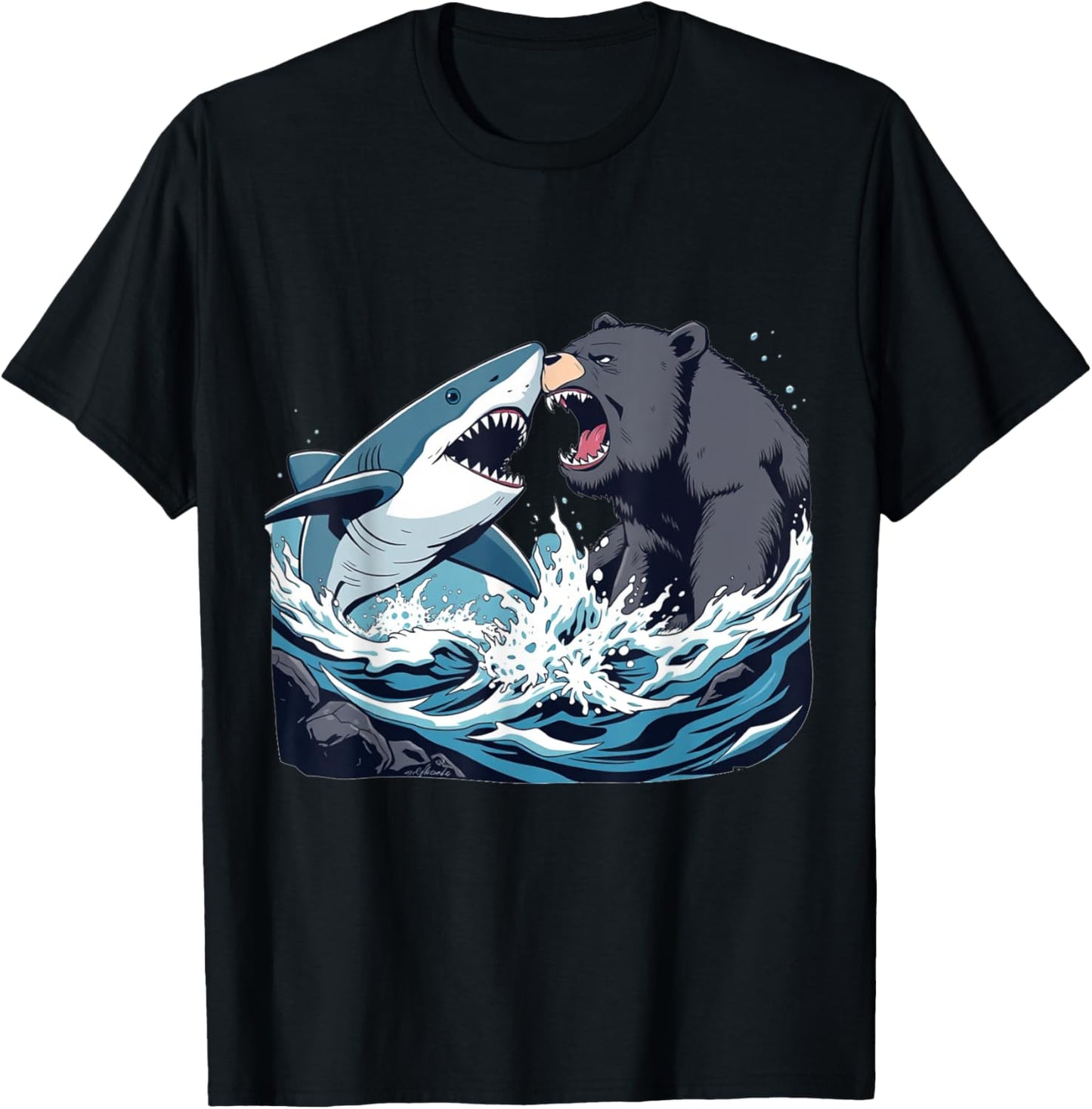 Shark vs Bear - Funny Comic Art Style Graphic T-Shirt - T-Shirt | Black