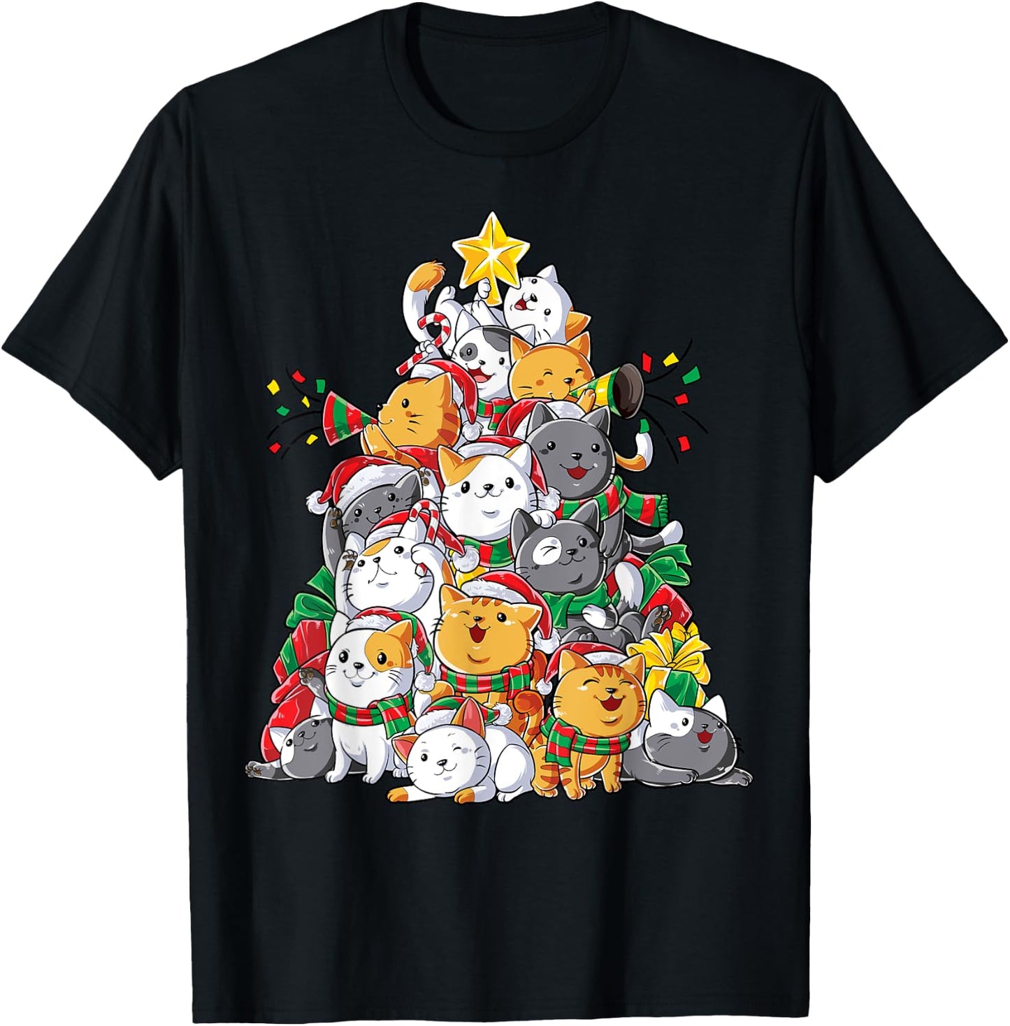 Cat Christmas Tree Xmas Girls Boys Funny Meowy Catmas Santa Short Sleeve T-Shirt - T-Shirt | Black