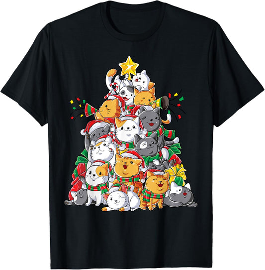 Cat Christmas Tree Xmas Girls Boys Funny Meowy Catmas Santa Short Sleeve T-Shirt - T-Shirt | Black