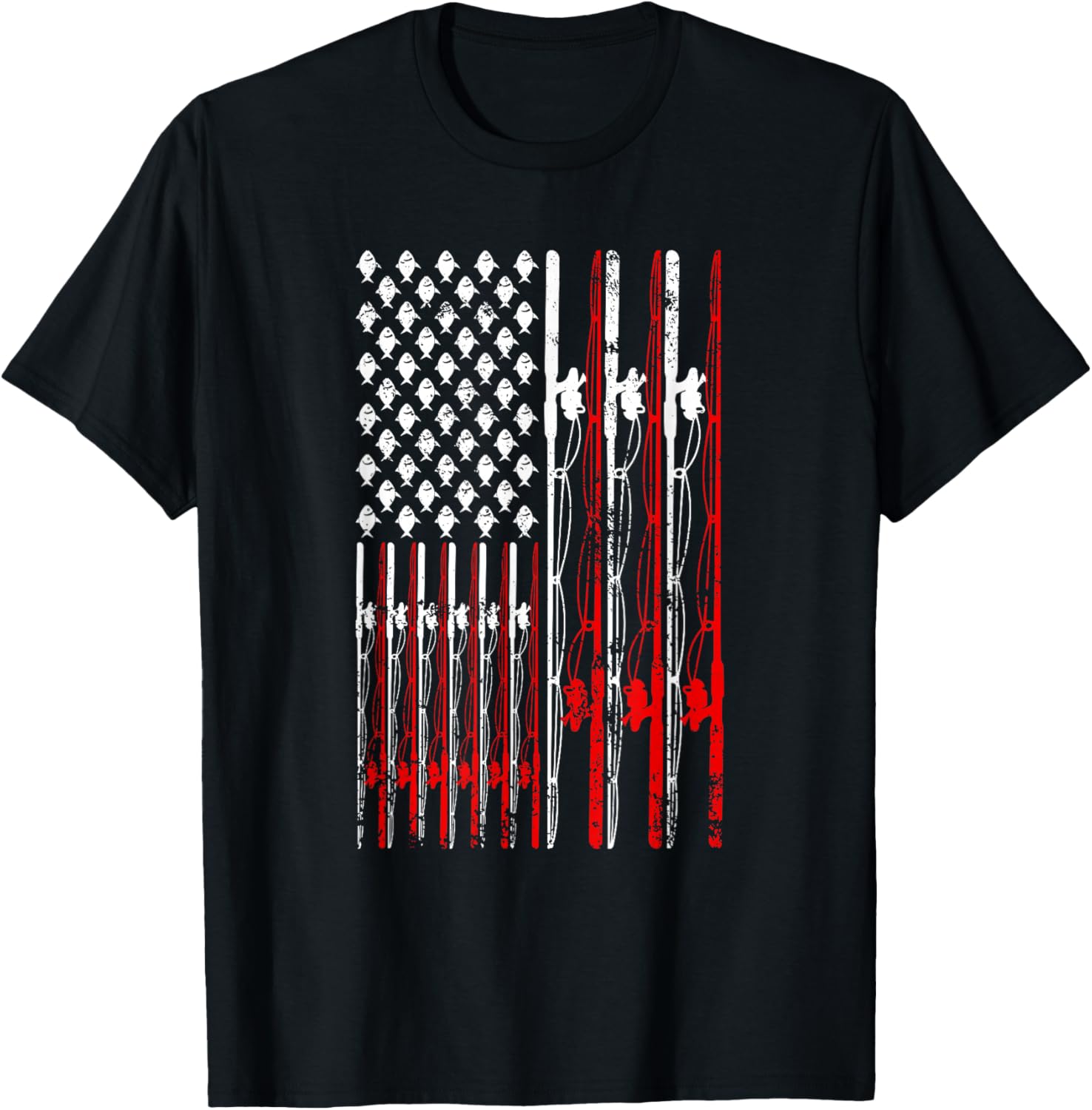 American Flag Fishing Rod Fishing Lover Vintage Fisherman T-Shirt - T-Shirt | Black