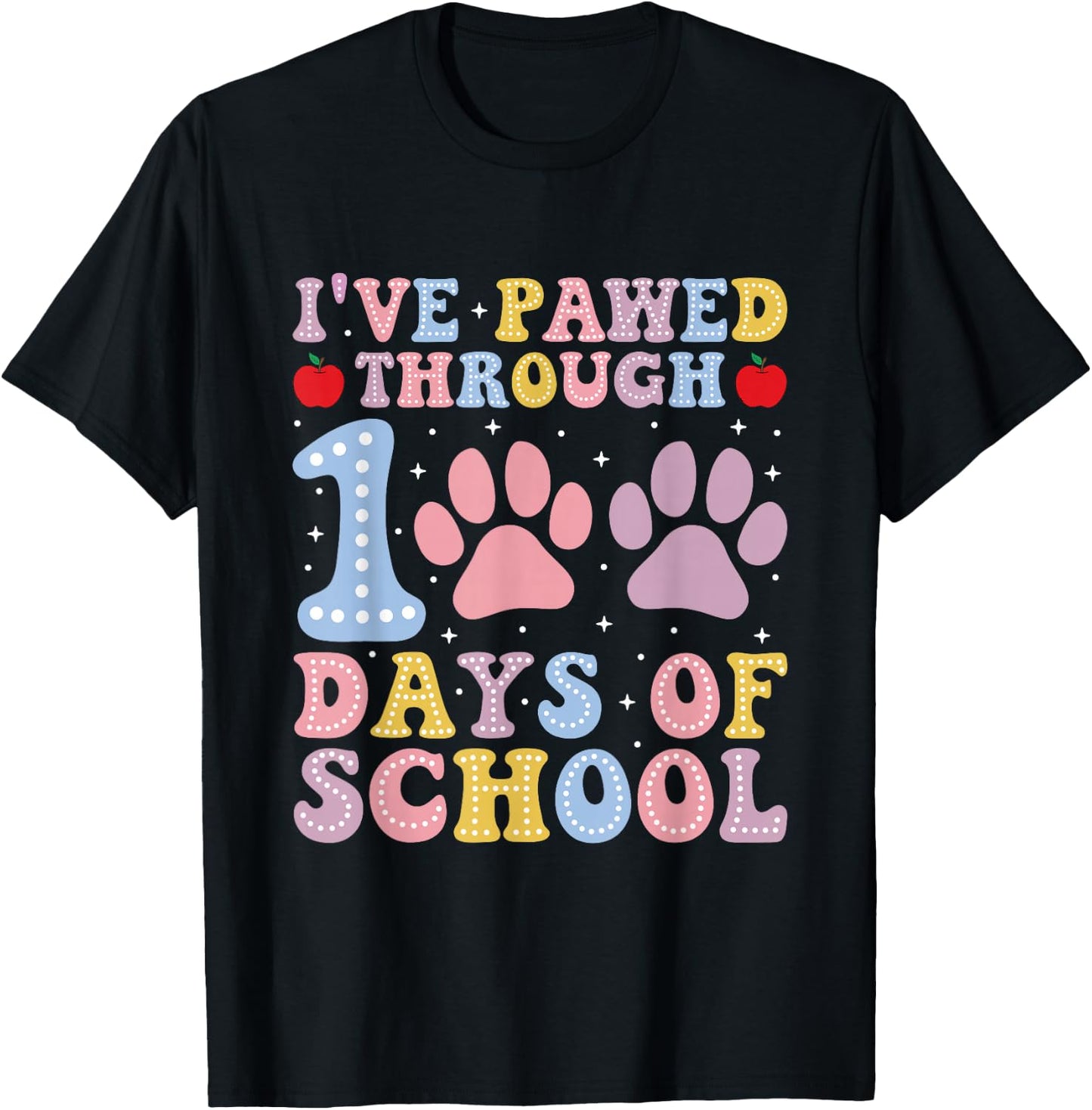 Funny 100 Days Of School Dogs Cats Paw Print Teacher Kids T-Shirt - T-Shirt | Black