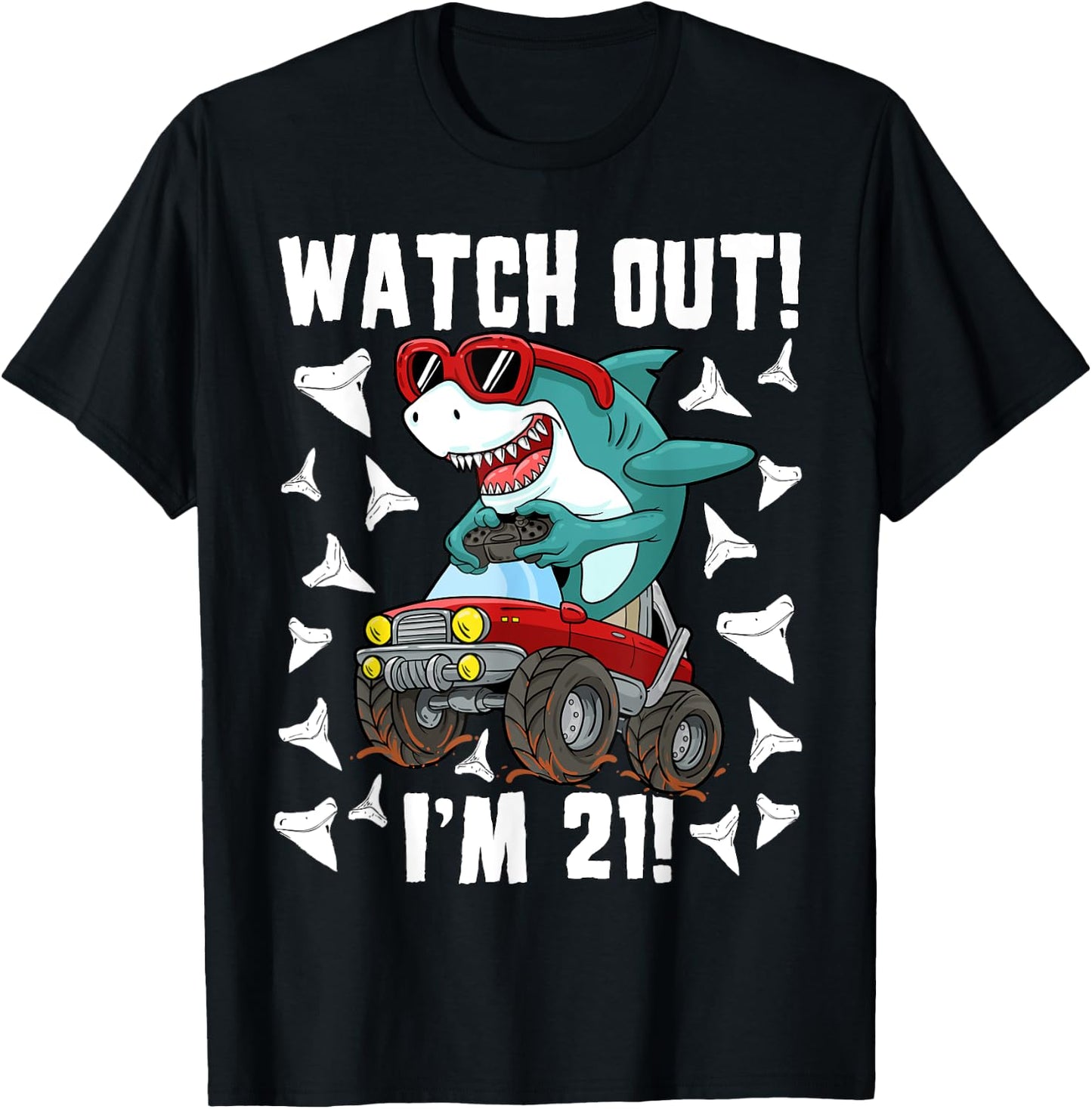 21 Years Old 21st Birthday Shark Boy Monster Truck Gamer T-Shirt - T-Shirt | Black