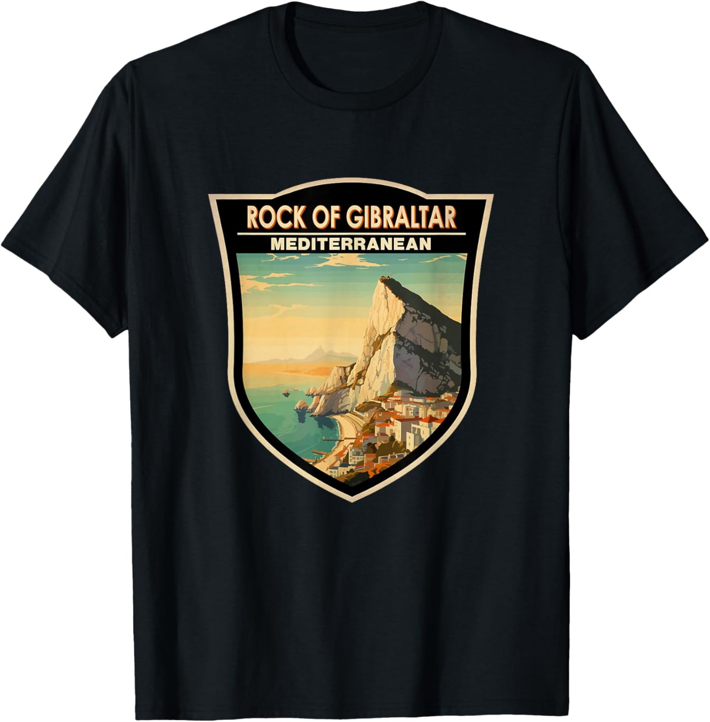 Rock of Gibraltar Travel Art Badge Vintage T-Shirt - T-Shirt | Black