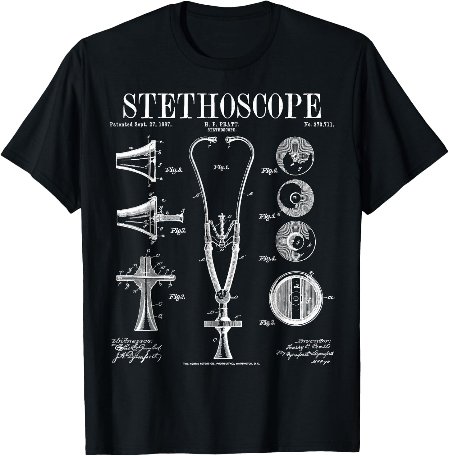 Stethoscope Old Vintage Patent Drawing Print Doctor Nurse T-Shirt - T-Shirt | Black