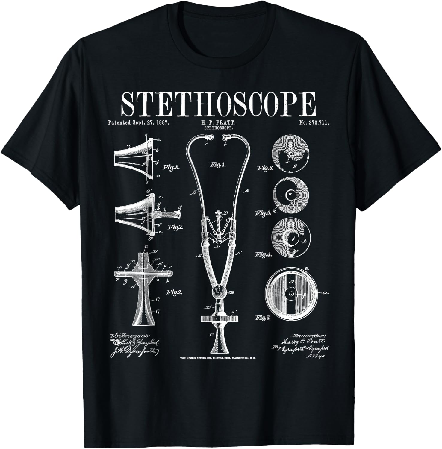 Stethoscope Old Vintage Patent Drawing Print Doctor Nurse T-Shirt - T-Shirt | Black