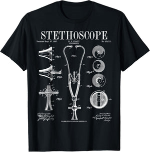 Stethoscope Old Vintage Patent Drawing Print Doctor Nurse T-Shirt - T-Shirt | Black
