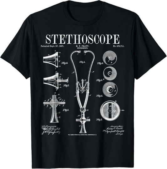 Stethoscope Old Vintage Patent Drawing Print Doctor Nurse T-Shirt - T-Shirt | Black