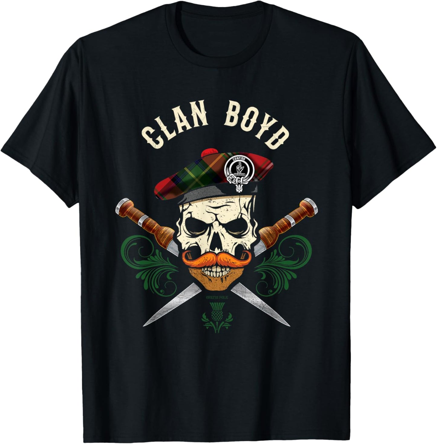 Scottish Clan Boyd Surname Skull Dirks Tartan Badge T-Shirt - T-Shirt | Black