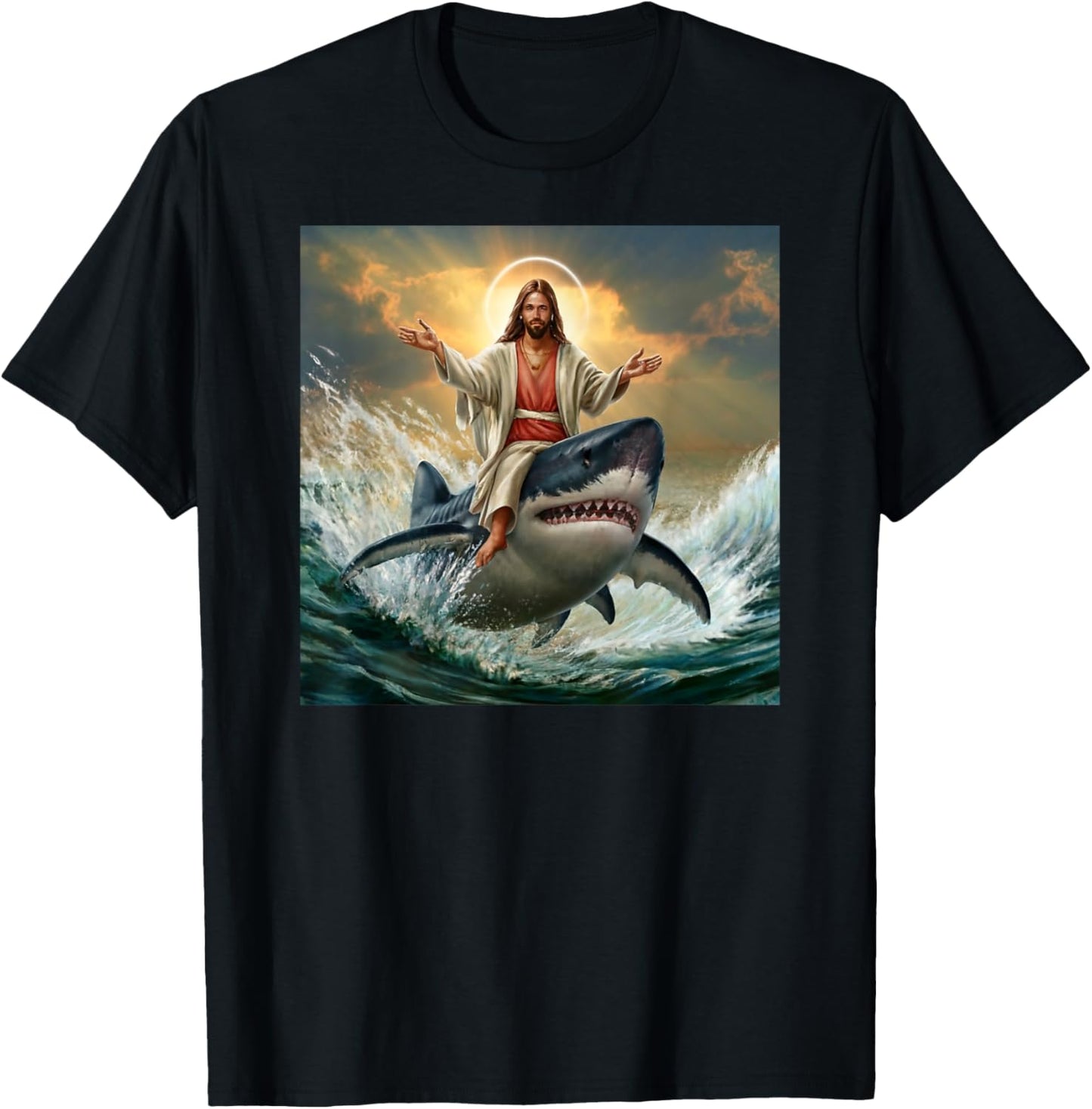 Christian Jesus Riding Shark Funny Shark Jesus Lover T-Shirt - T-Shirt | Black