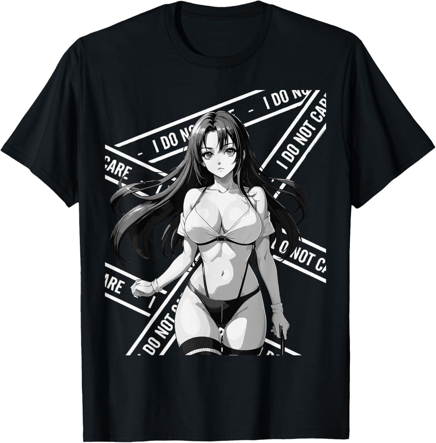 Sexy Waifu Otaku Anime Girl Japanese in Black and White Art T-Shirt - T-Shirt | Black