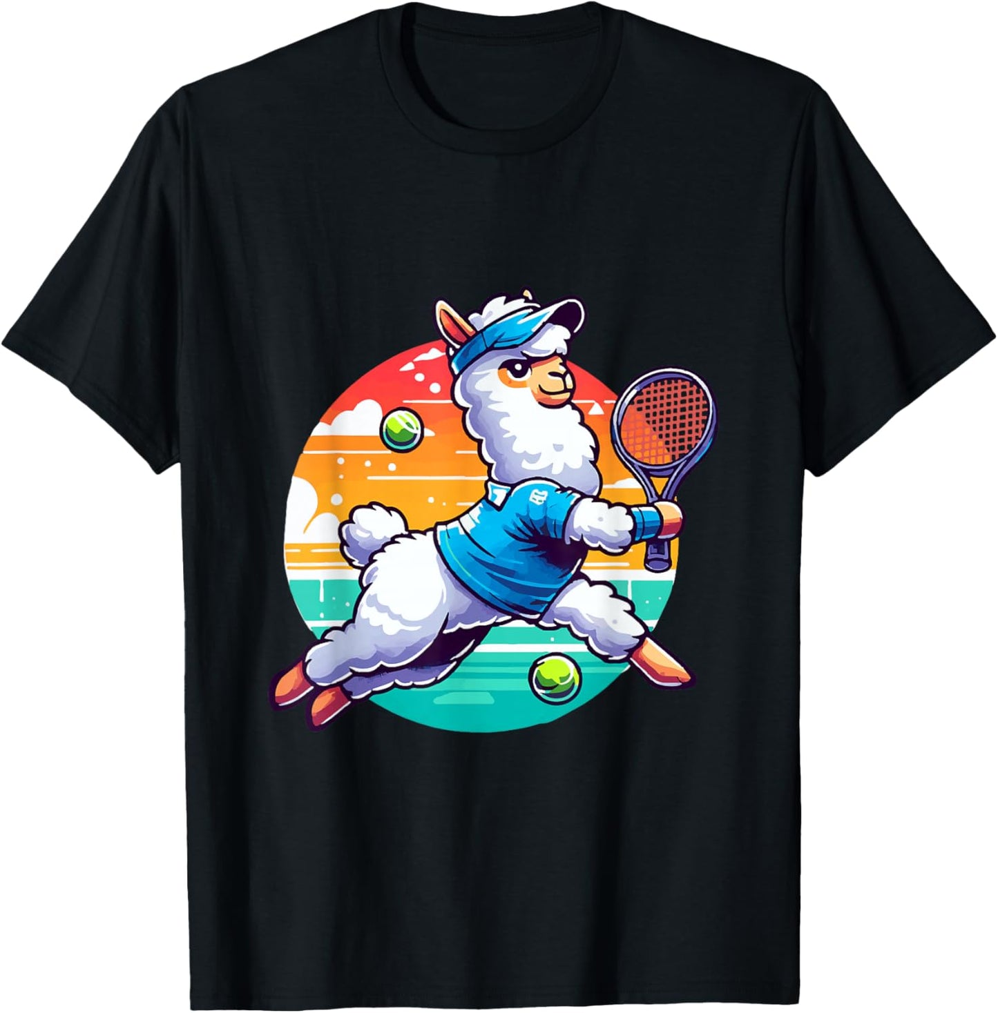 Llama Playing Tennis in Front of a Sunset T-Shirt - T-Shirt | Black