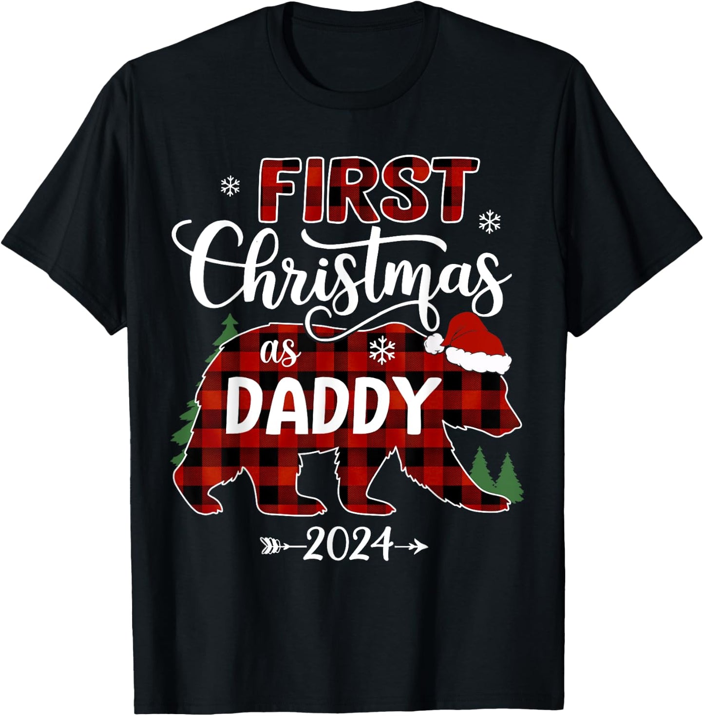 First Christmas As Daddy 2024 Bear Santa Hat Pregnancy Baby T-Shirt - T-Shirt | Black