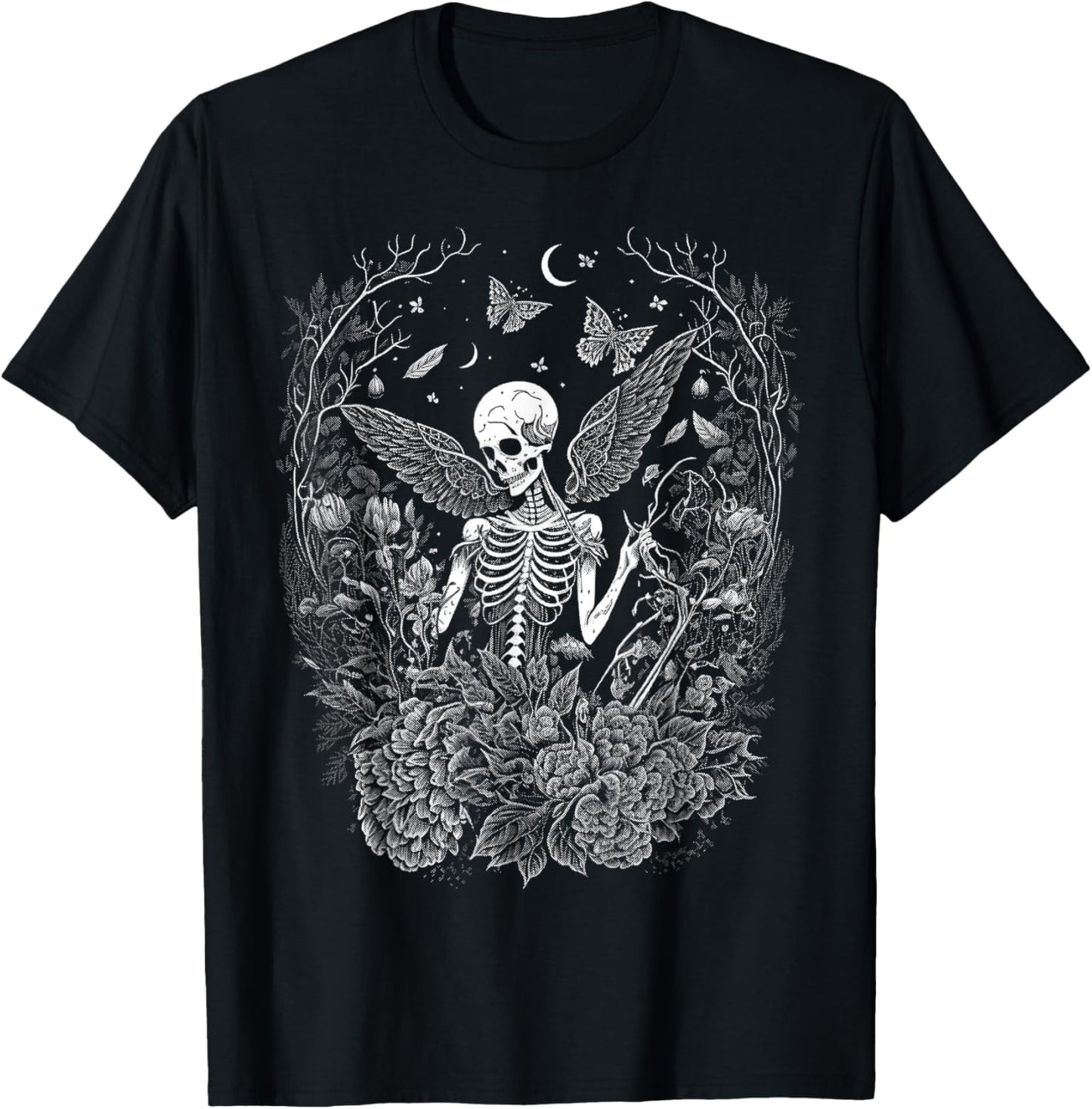 Cute Fairycore Floral Skeleton Aesthetic Girls Women Graphic T-Shirt - T-Shirt | Black