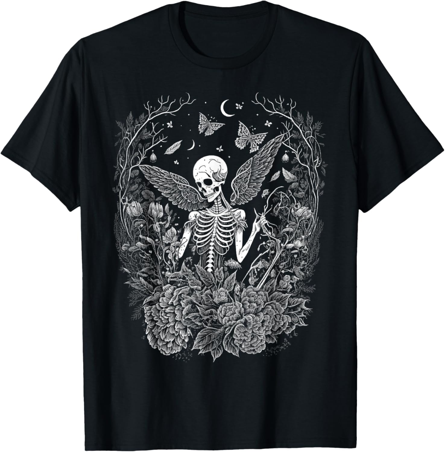 Cute Fairycore Floral Skeleton Aesthetic Girls Women Graphic T-Shirt - T-Shirt | Black