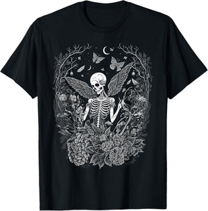 Cute Fairycore Floral Skeleton Aesthetic Girls Women Graphic T-Shirt - T-Shirt | Black