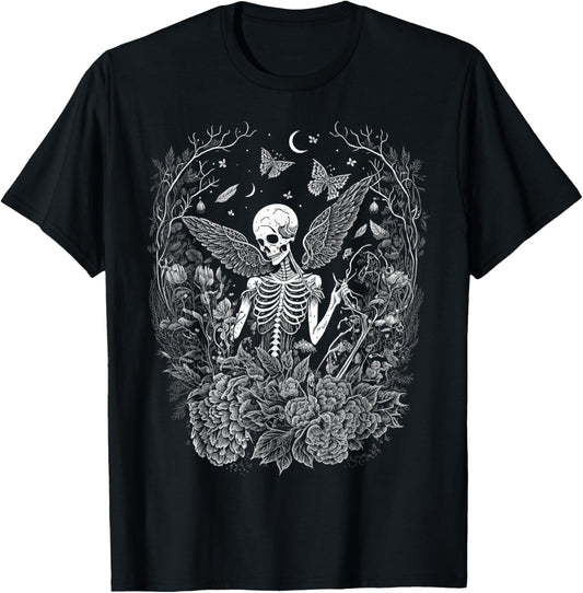 Cute Fairycore Floral Skeleton Aesthetic Girls Women Graphic T-Shirt - T-Shirt | Black