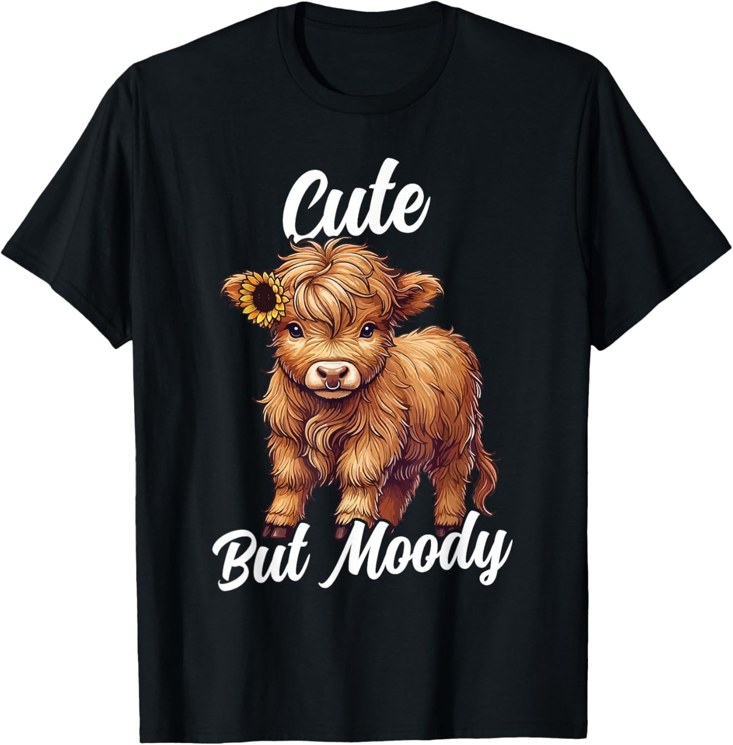 Cute But Moody Highland Cow Cowgirl Baby With Sunflower T-Shirt - T-Shirt | Black